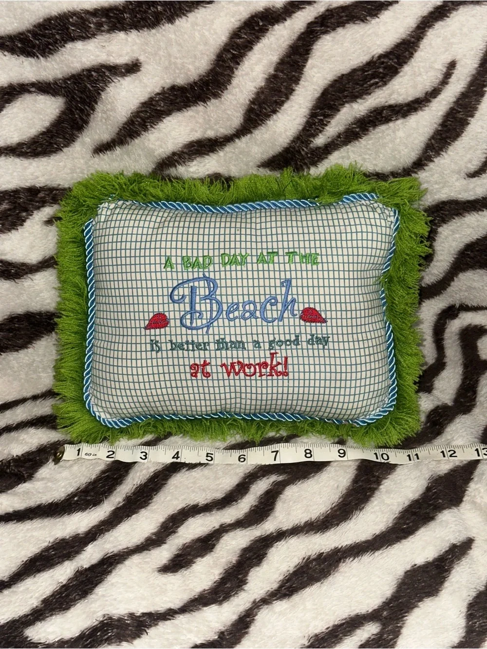 Green Fringe Beach Embroidered Accent Pillow